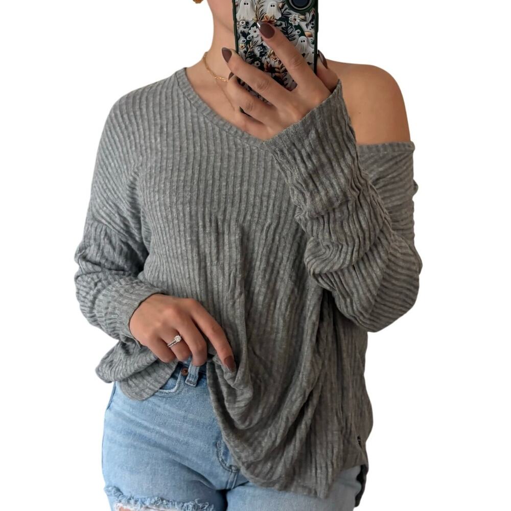 American Eagle L Grey Soft Sexy Rib Vneck Lightweight Knit Long Sleeve Top